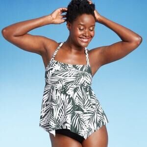 NWT Kona Sol Green Palm Leaf Print, Square Neck Tankini Swim Top l Size: S